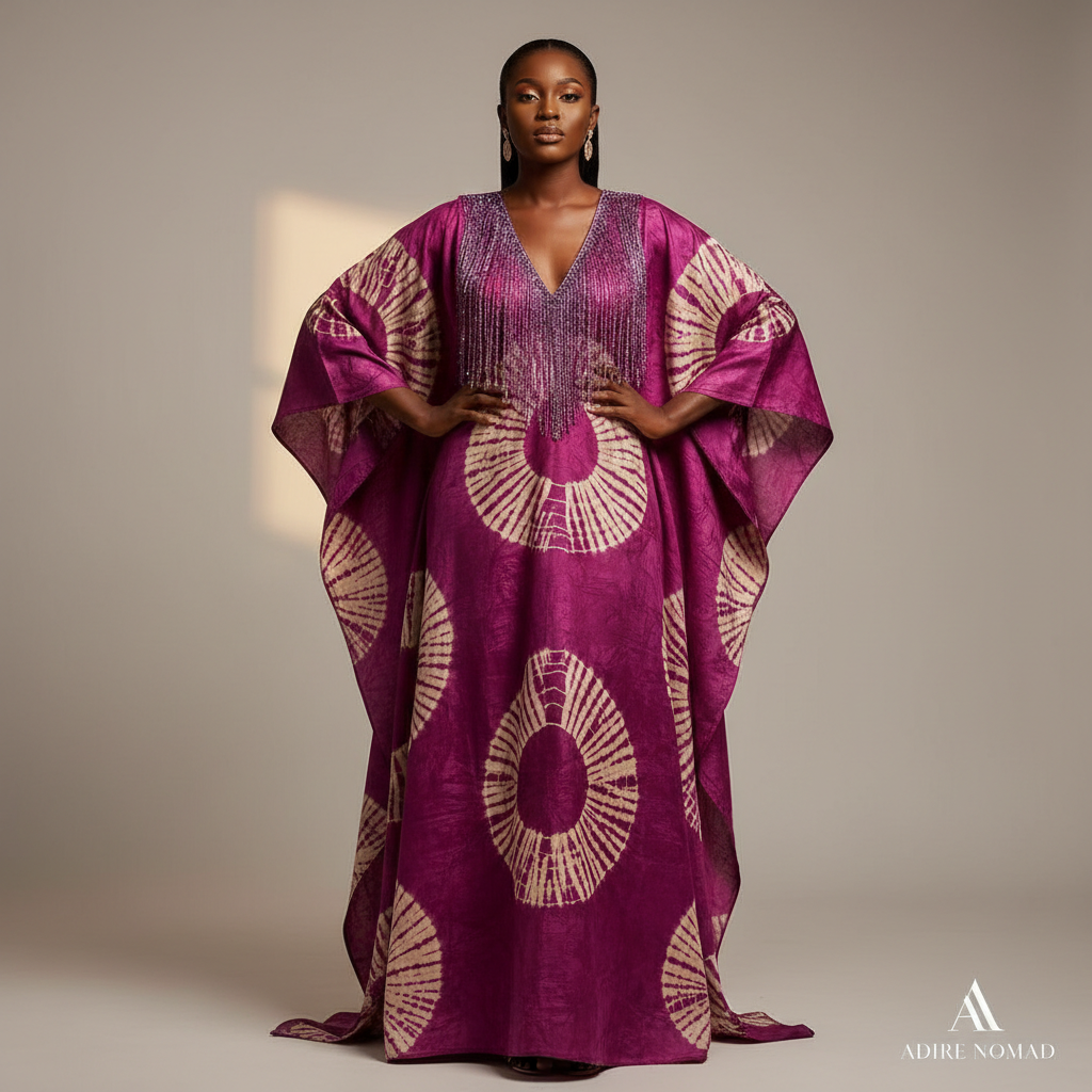 The Magenta Shibori Circle Kaftan - A beautiful magenta purple adire tie-dye batik kaftan with white organic circle