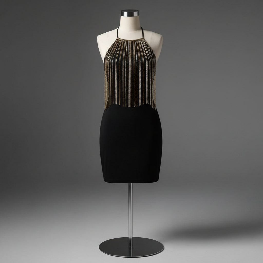 The Black Halter Chain Detail Dress - An elegant black form-fitting mini dress with a halter neckline and cascading go