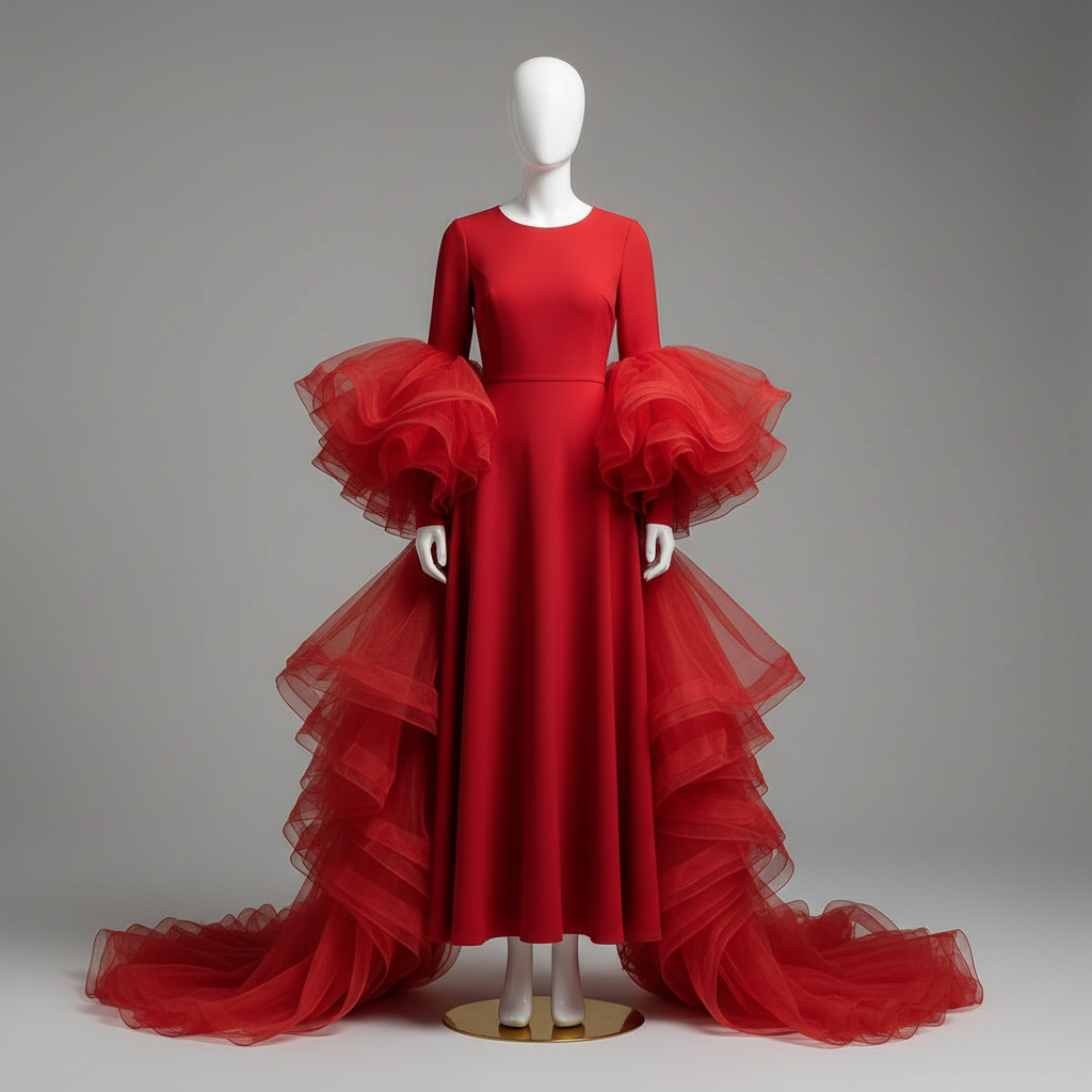 The Red Ruffle Sleeve Maxi - A vibrant red long-sleeve round-neck A-line maxi gown with dramatic oversized ru