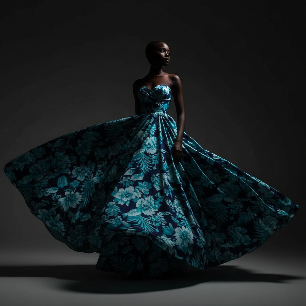 Woman in flowing royal blue silk gala gown in minimalist architectural space