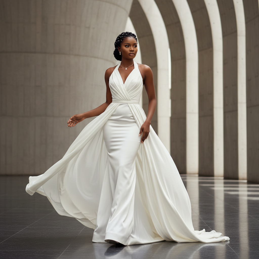 Ivory Flowing Halter Gown - An ethereal ivory halter gown with graceful flowing lines and sculptural draping
