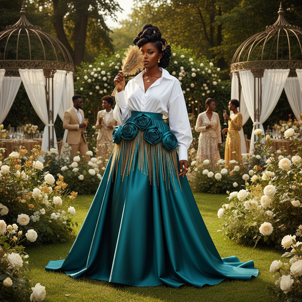 The Teal Sculptural Rose Skirt - A stunning teal satin skirt adorned with three oversized 3D sculptural fabric ro