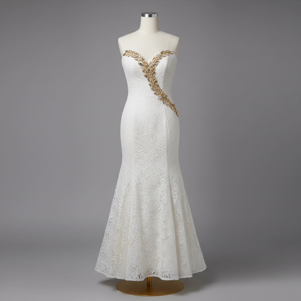 The White Lace Gold Leaf Bodycon - An elegant white lace strapless sweetheart fitted mermaid gown with a dramatic V