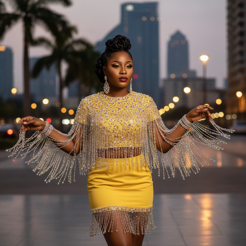 Yellow Beaded Crystal Top - A striking yellow short-sleeved top adorned with hand-beaded crystal fringe casc