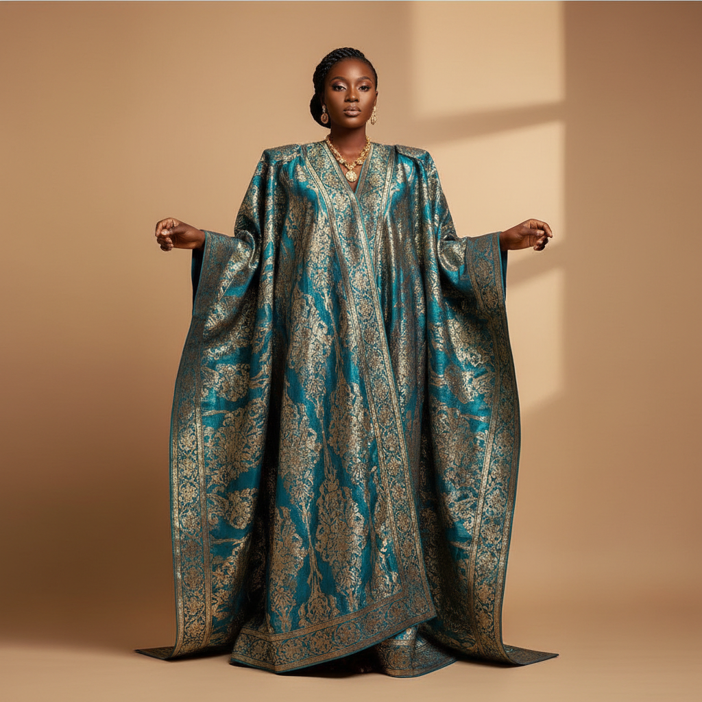 The Teal & Gold Brocade Boubou - A magnificent teal and gold brocade dramatic full-length Nigerian boubou kaftan