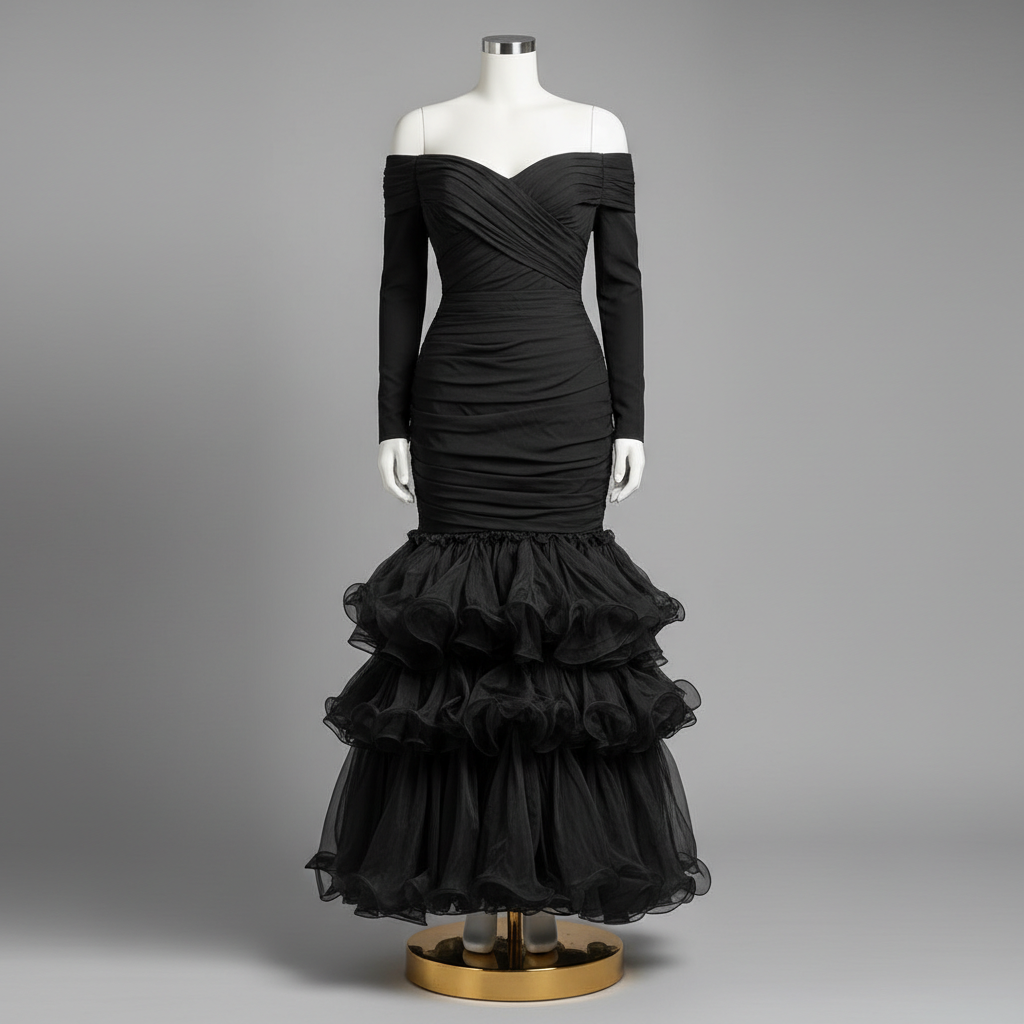 The Black Off-Shoulder Ruffle Maxi - A dramatic black off-shoulder maxi gown with a ruffled drop skirt starting at mi