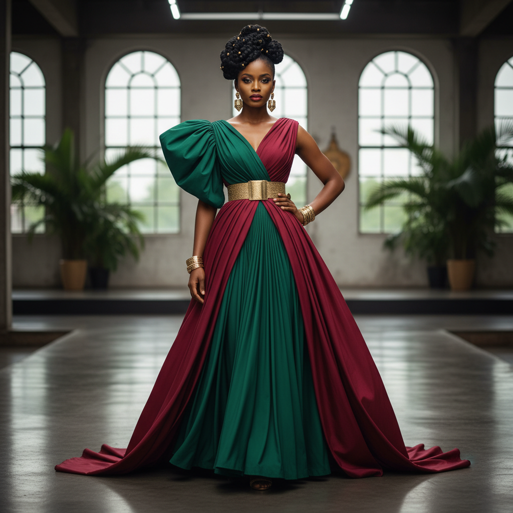 Green & Burgundy Draped Dress - An elegantly draped ensemble in rich green and burgundy tones with asymmetric dr