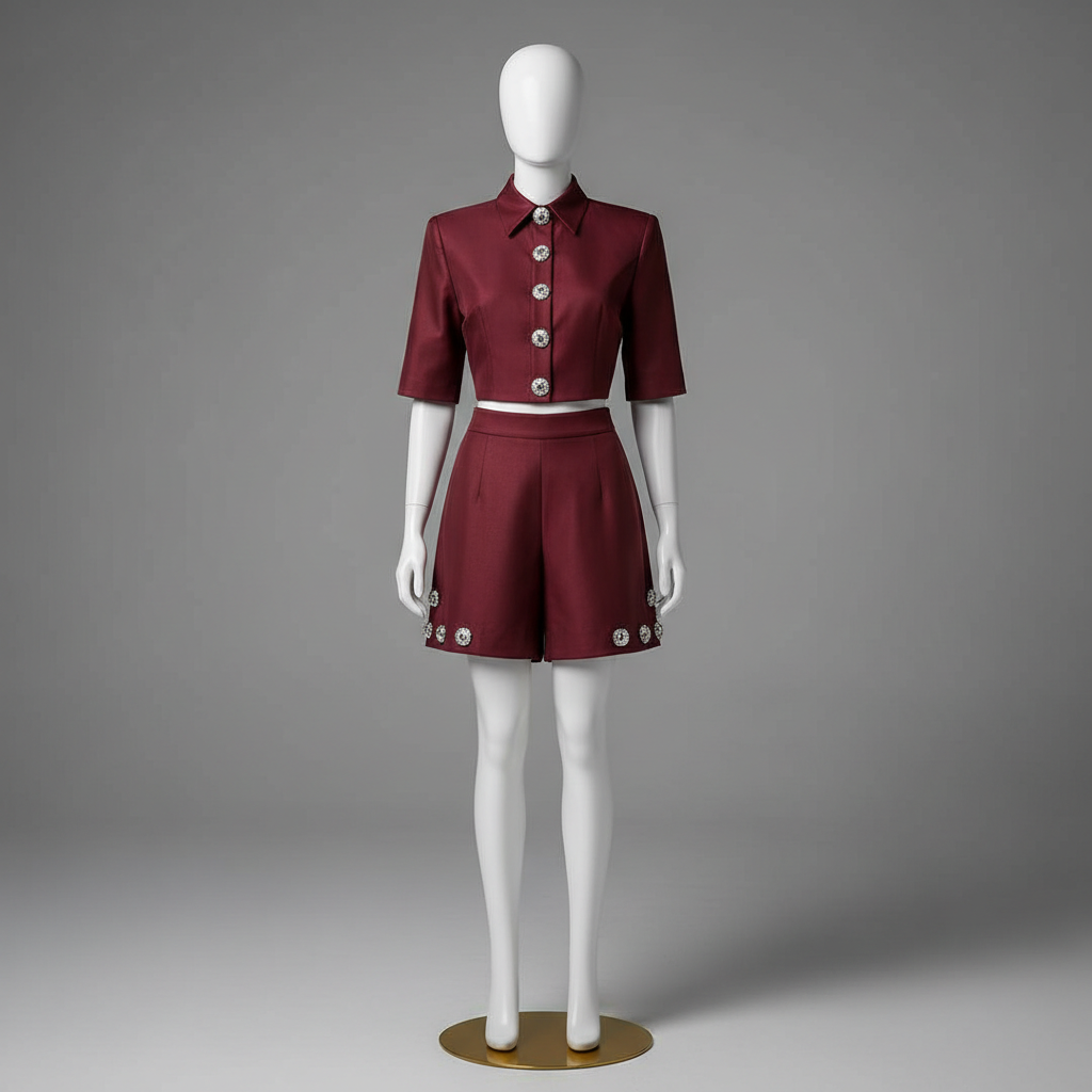 The Wine Button Crop & Shorts Set - A bold and polished wine/burgundy two-piece set featuring a structured short-sle