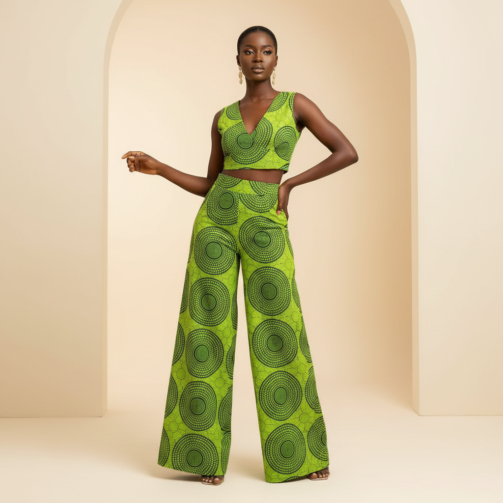 The Adire Two-Piece Palazzo Set - A fresh and vibrant two-piece adire set featuring a cropped V-neck top in lime g
