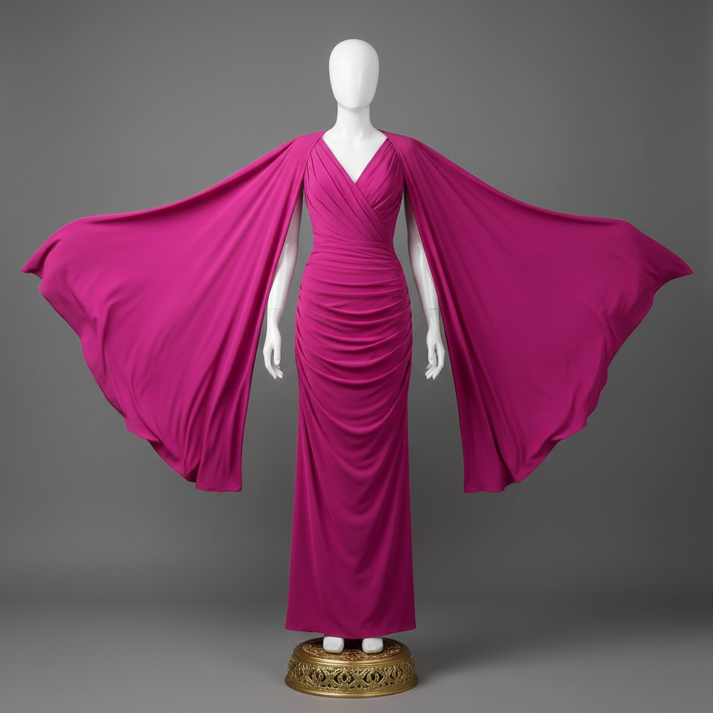 The Magenta Cape Wing Gown - A show-stopping magenta fuchsia floor-length gown with dramatic wide cape sleeve