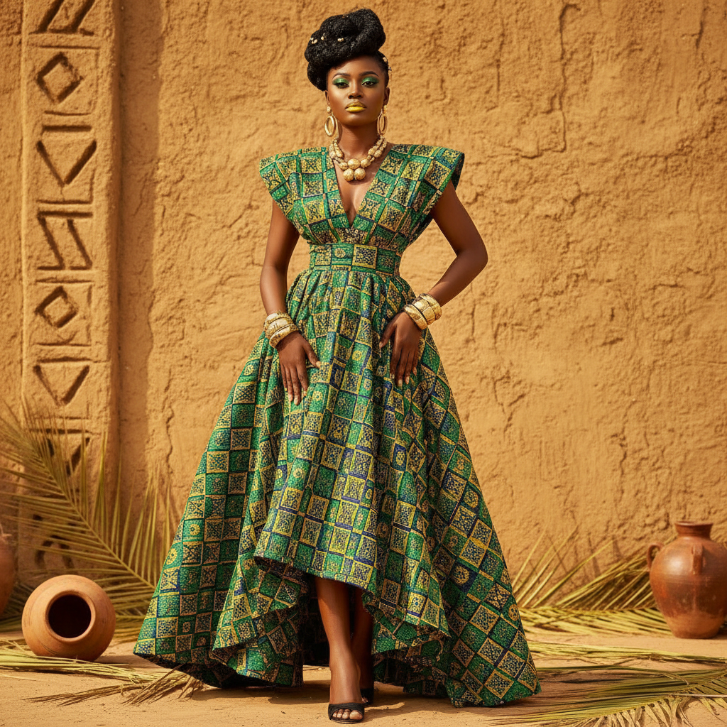 Green & Yellow Patterned Kaftan - A vibrant green and yellow patterned traditional-inspired kaftan with modern tai