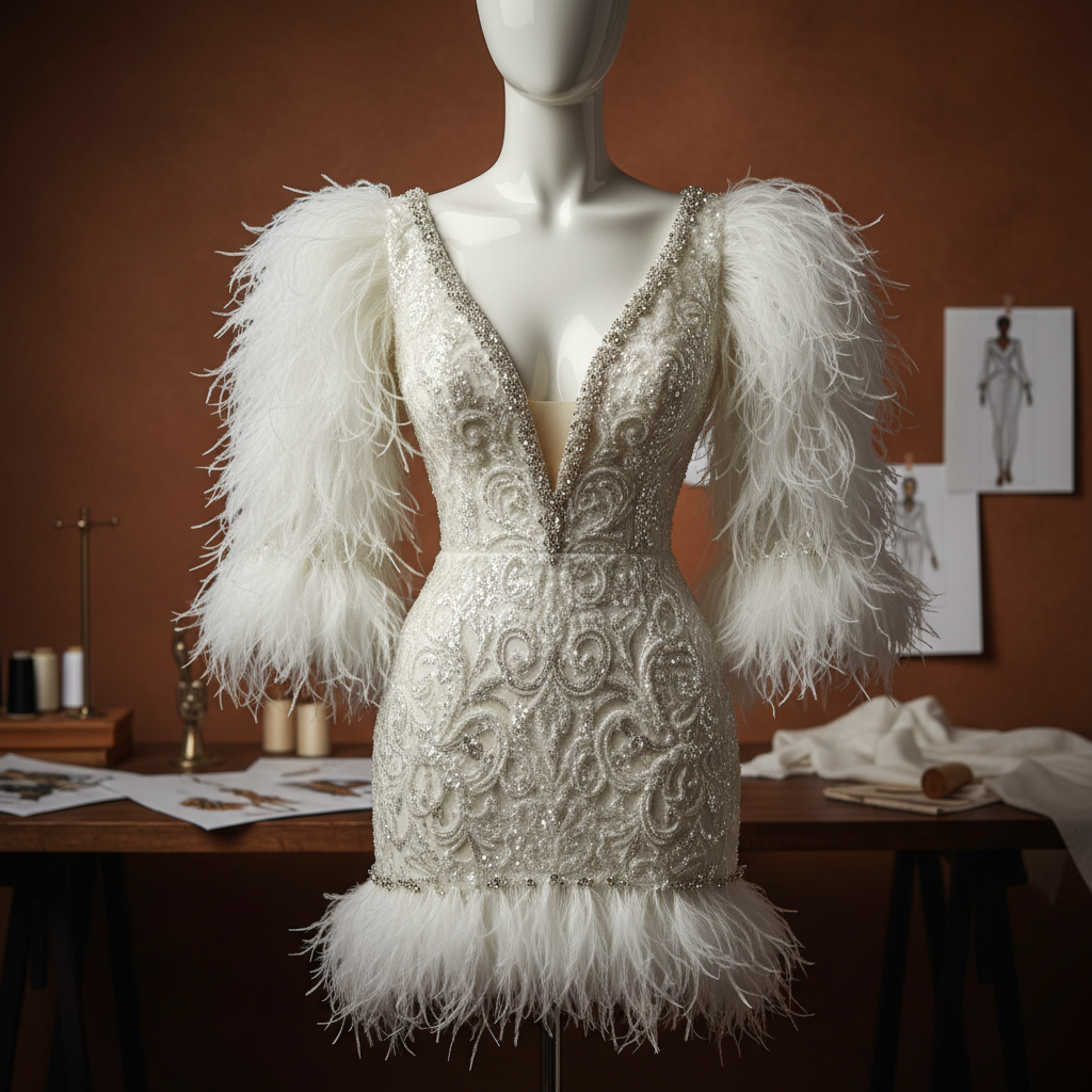 The Ivory Feather Couture Mini - An extraordinary ivory cocktail mini dress entirely encrusted in crystals and se