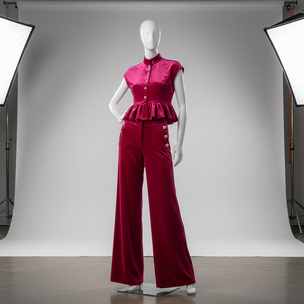 The Magenta Velvet Suit - A luxurious magenta velvet two-piece set featuring a structured crop top with ru