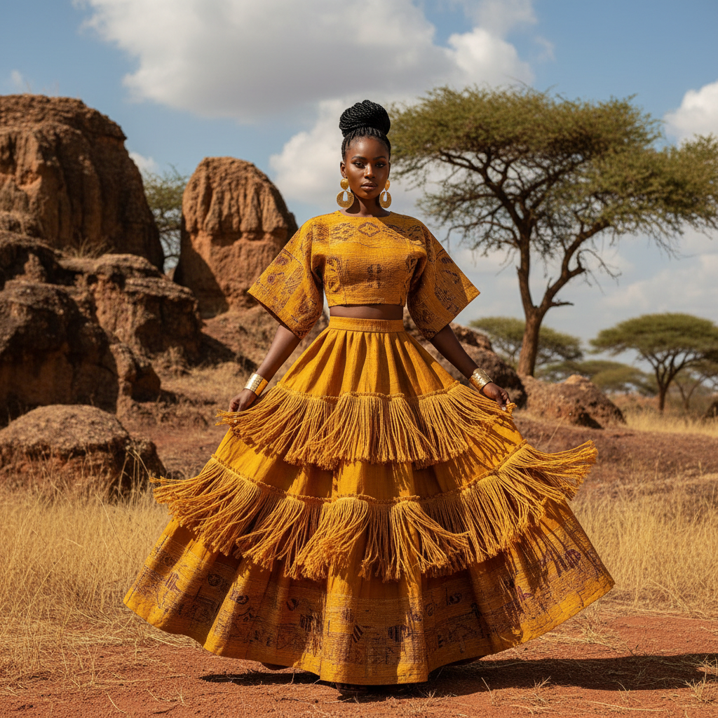 The Kilentar Fringe Set - A bold mustard yellow crop top and tiered fringe maxi skirt set celebrating trad
