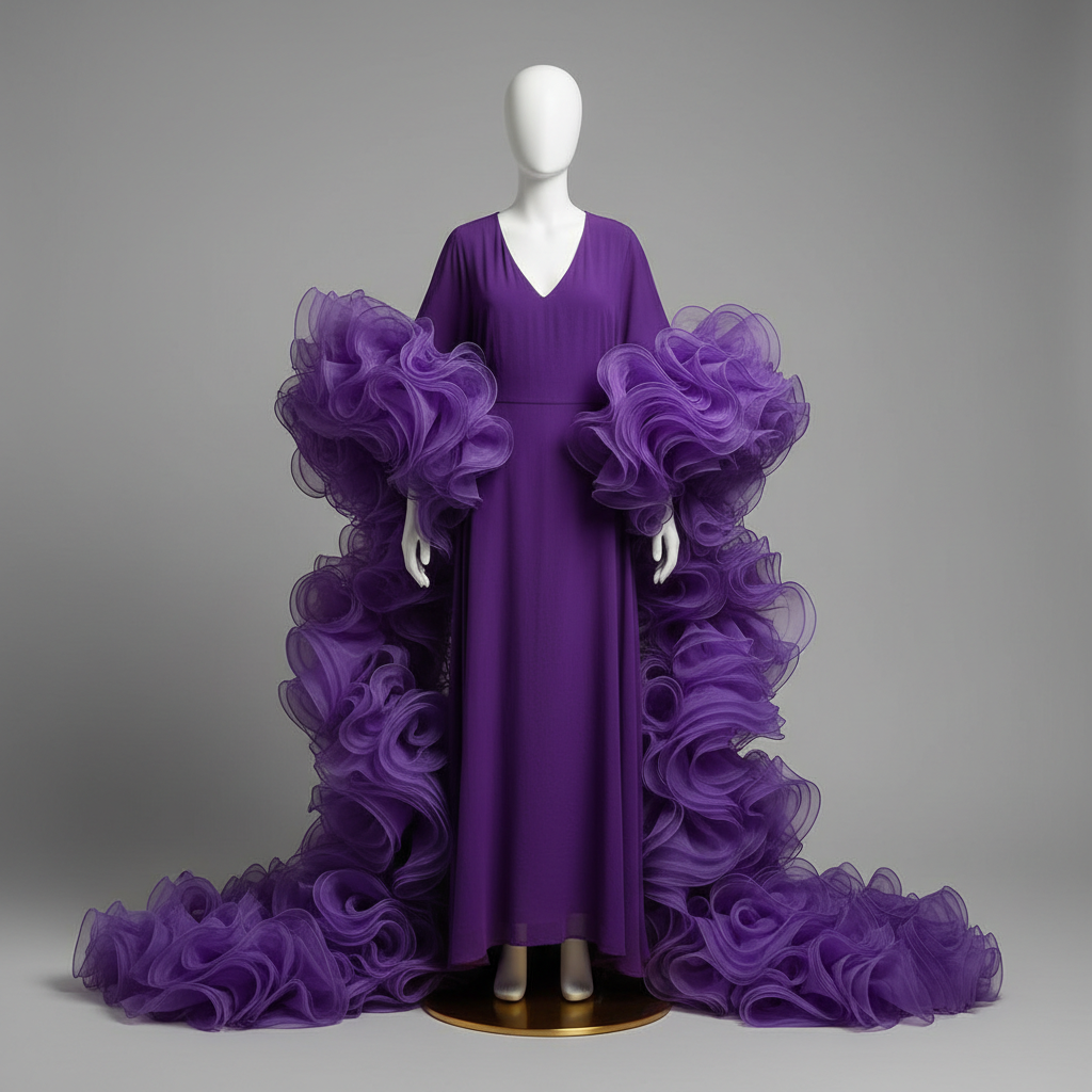 The Amethyst Ruffle Sleeve Kaftan - A rich purple/amethyst long-sleeve V-neck kaftan maxi gown with huge dramatic ru