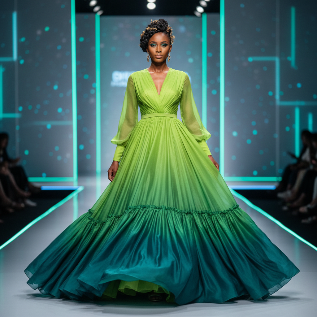 Lime to Teal Ombre Dress - A modern ombre dress transitioning from bright lime green to deep teal with cont