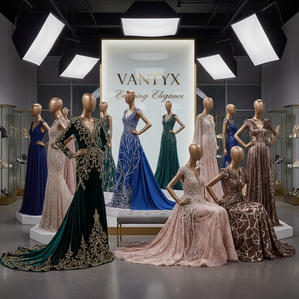 Luxury atelier with mannequins in elegant evening gowns positioned naturally throughout showroom