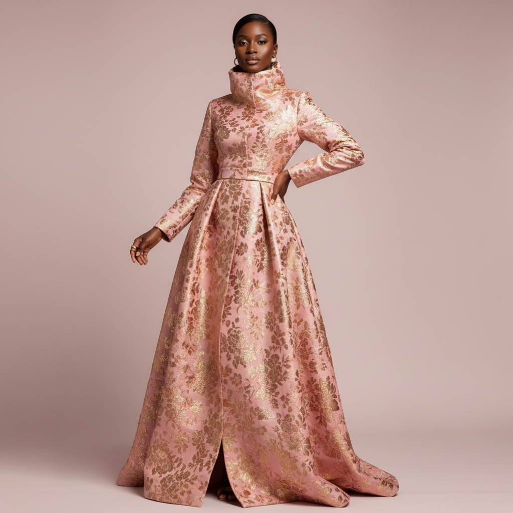 The Pink & Gold Brocade A-Line Coat - An exquisite pink and gold brocade floor-length coat dress with a dramatic turtl