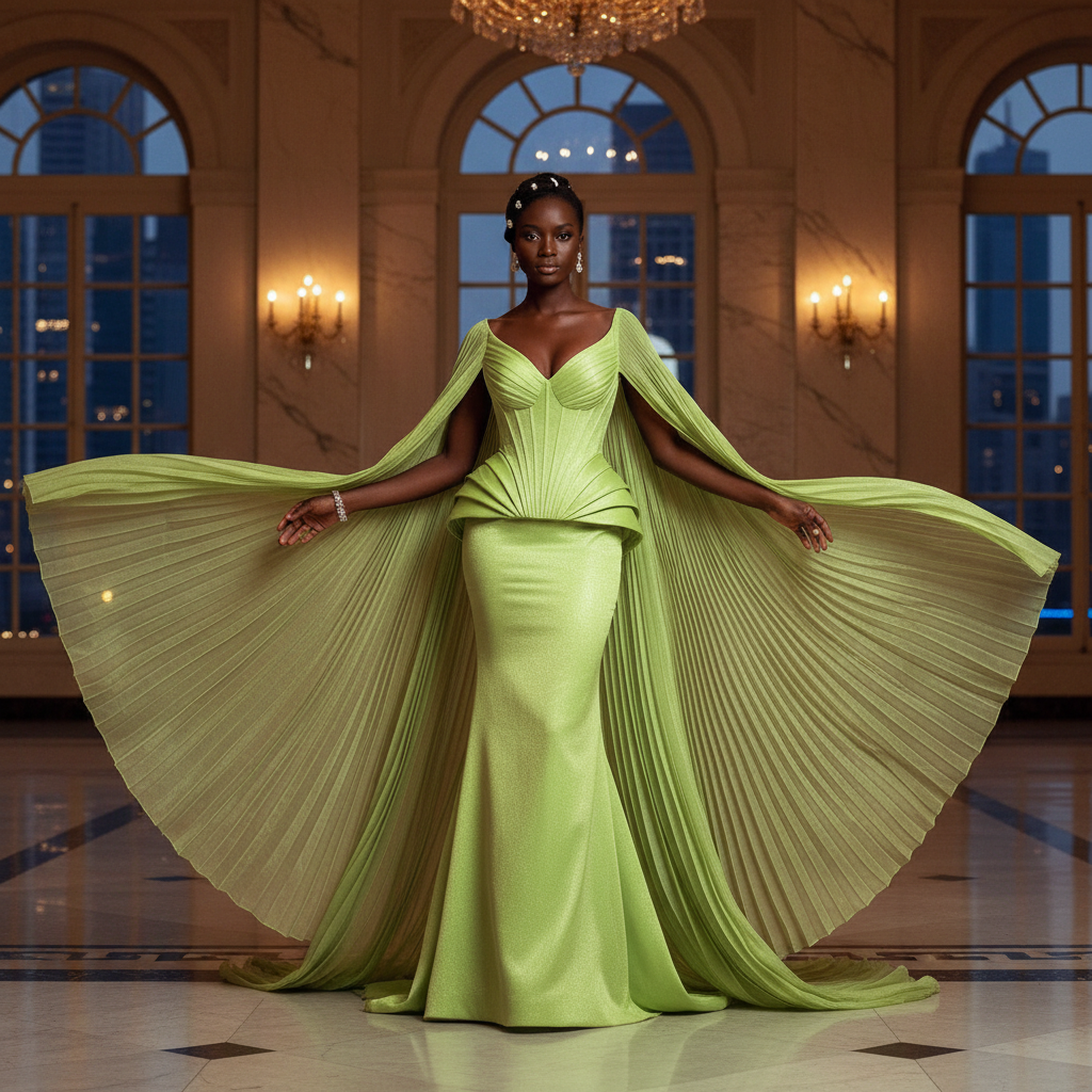 Lime Green Cape Gown - A stunning lime green gown with dramatic pleated cape, featuring sculptural deta