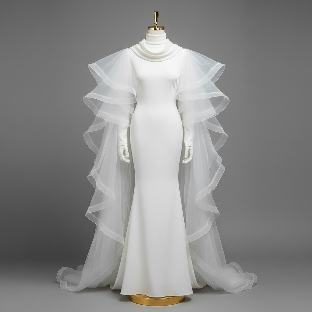 The White Ruffle Sleeve Mermaid Gown - A breathtaking white turtleneck long-sleeve mermaid gown with a draped cowl at t