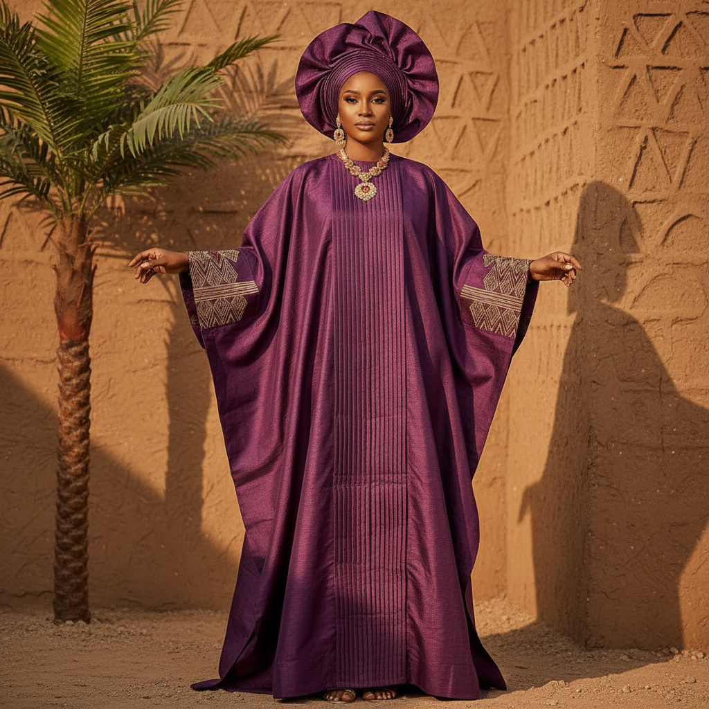 Purple Wine Boubou Robe - A luxurious purple wine boubou-style robe with pleated details and traditional N