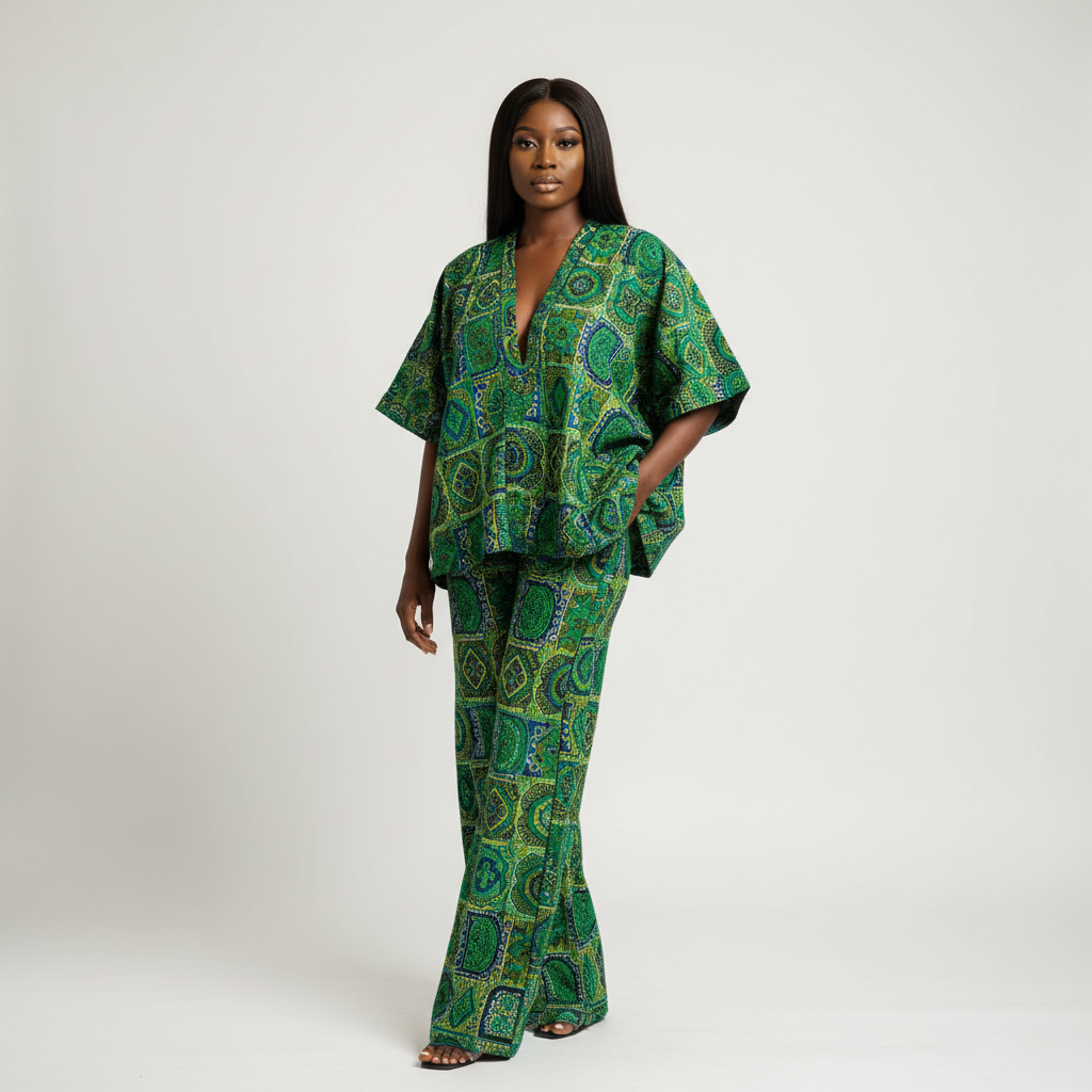 The Green Adire Geometric Set - A vibrant green adire batik print two-piece Nigerian set with geometric symbols.