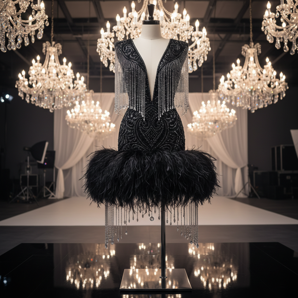 The Noir Feather Crystal Mini - A dramatic black beaded mini dress with a deep V plunge neckline, crystal waterf