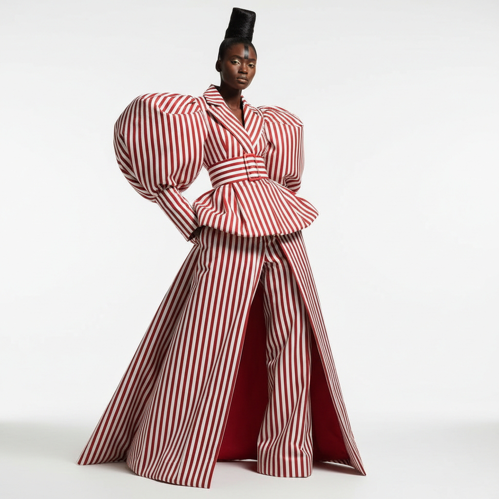 The Grand Stripe Coat Dress - An avant-garde red and ivory candy-stripe dramatic coat dress with sculpted over