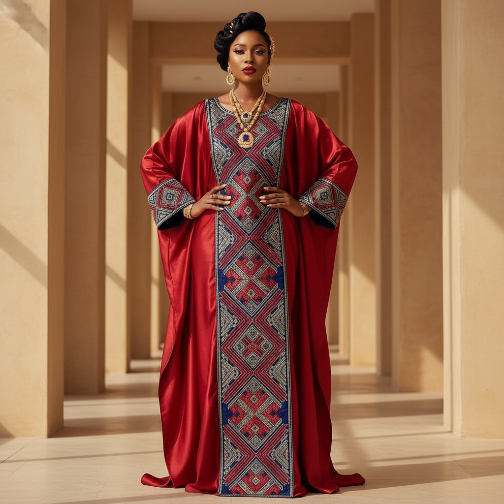 Red & Navy Embroidered Kaftan - A sophisticated red kaftan with bold navy embroidered front panel detailing, per