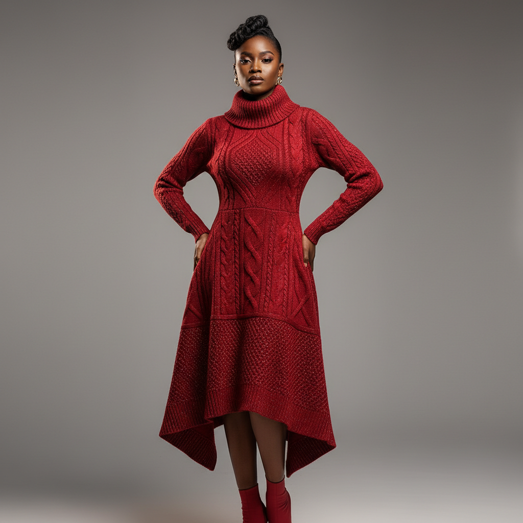 Textured Red Bodycon Knit Dress - A sleek long-sleeve bodycon dress in deep red with a subtle dimensional texture