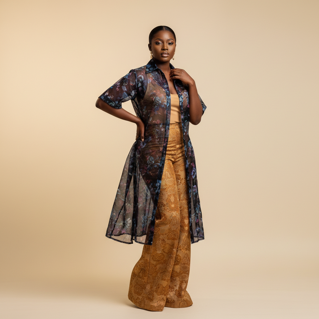 The Black Organza & Brocade Set - A bold Nigerian two-piece: a short-sleeve collared shirt in sheer dark floral or