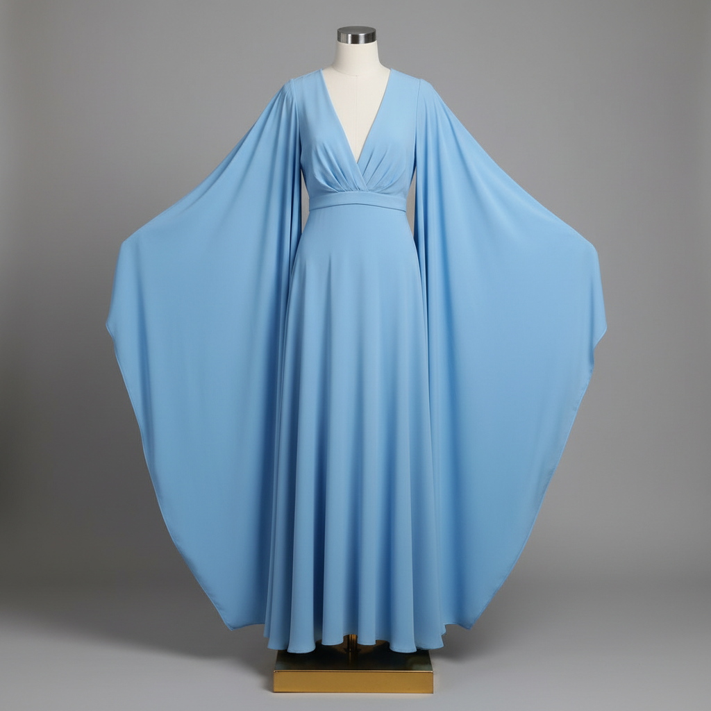 The Sky Blue Cape Kaftan Gown - A serene sky baby blue draped kaftan gown with dramatic batwing-style cape sleev