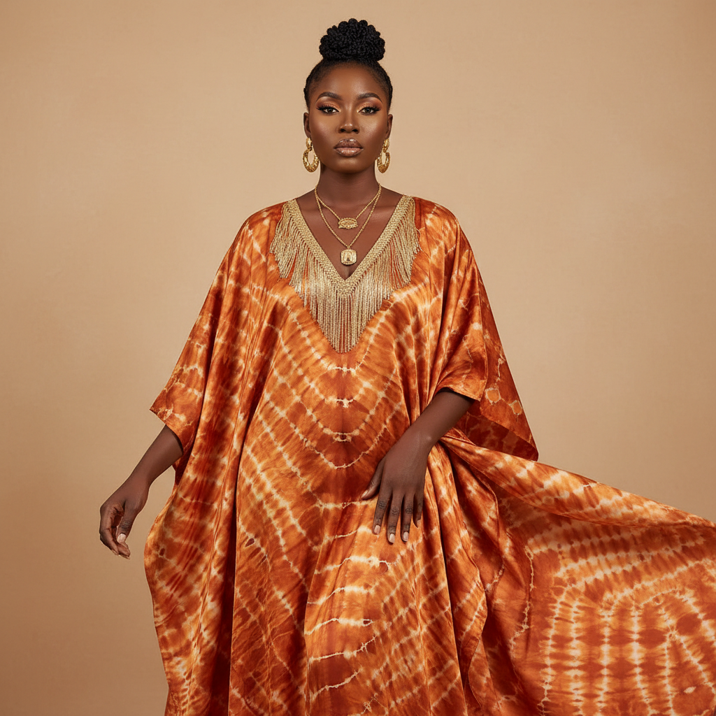 The Orange Adire Gold Collar Kaftan - A warm orange/amber adire tie-dye print satin kaftan with a distinctive V-neck c