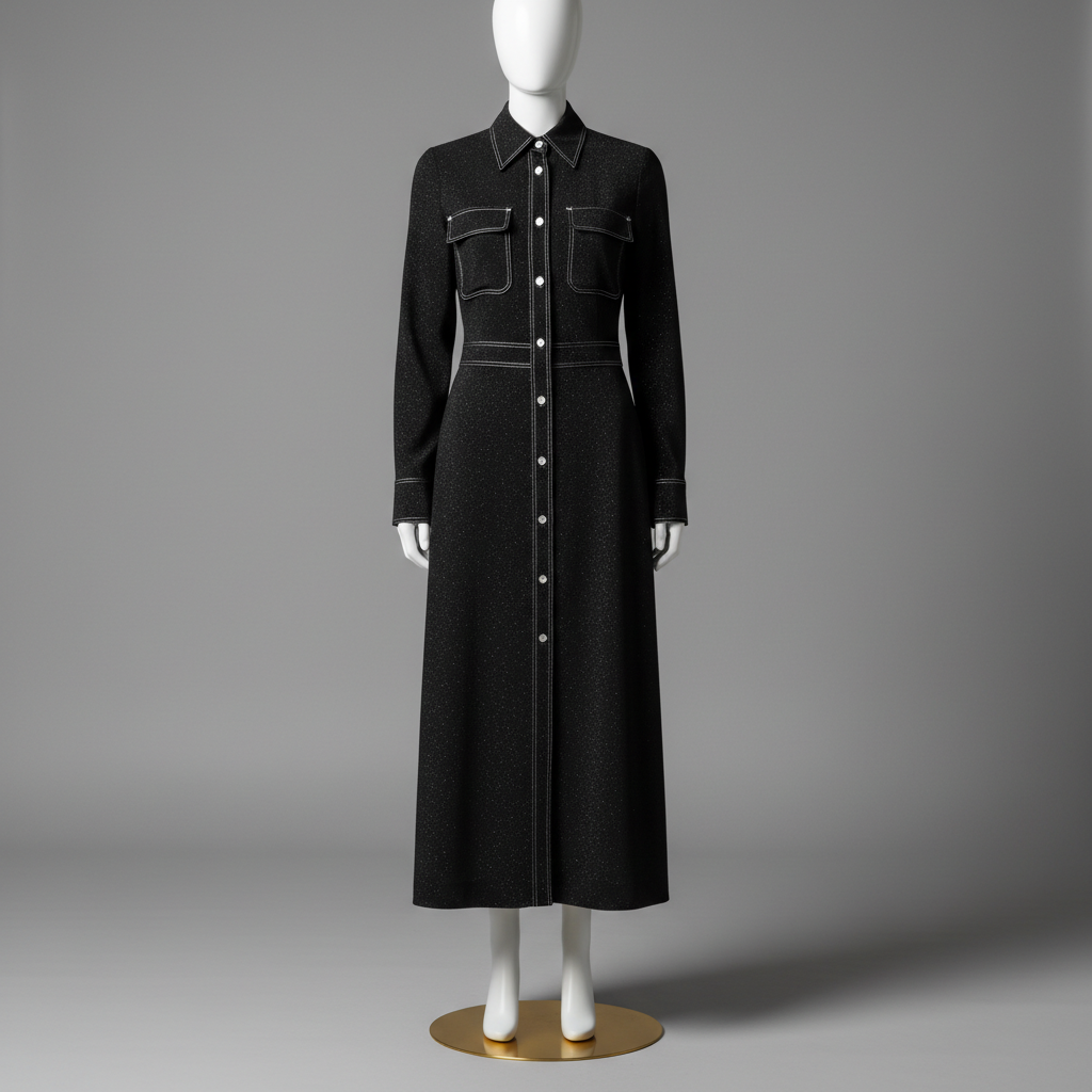 The Black Glitter Shirt Maxi Dress - A long elegant black shirtdress with long sleeves, button-down front, structured