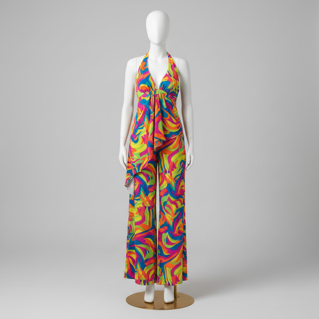 The Tropical Halter Palazzo Set - A vibrant two-piece halter set featuring a gathered halter-neck top with asymmet