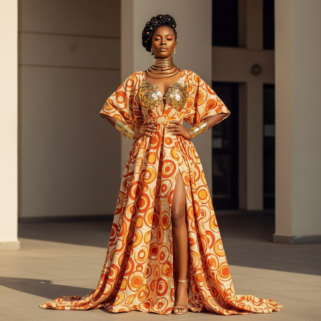 Orange Circle Print Ensemble - A vibrant orange and cream circle print gown with sculptural gold accents and fl