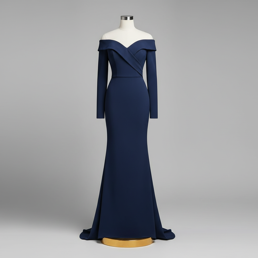 The Navy Off-Shoulder Crepe Mermaid - A clean, polished navy blue off-shoulder long-sleeve mermaid gown with a dramati