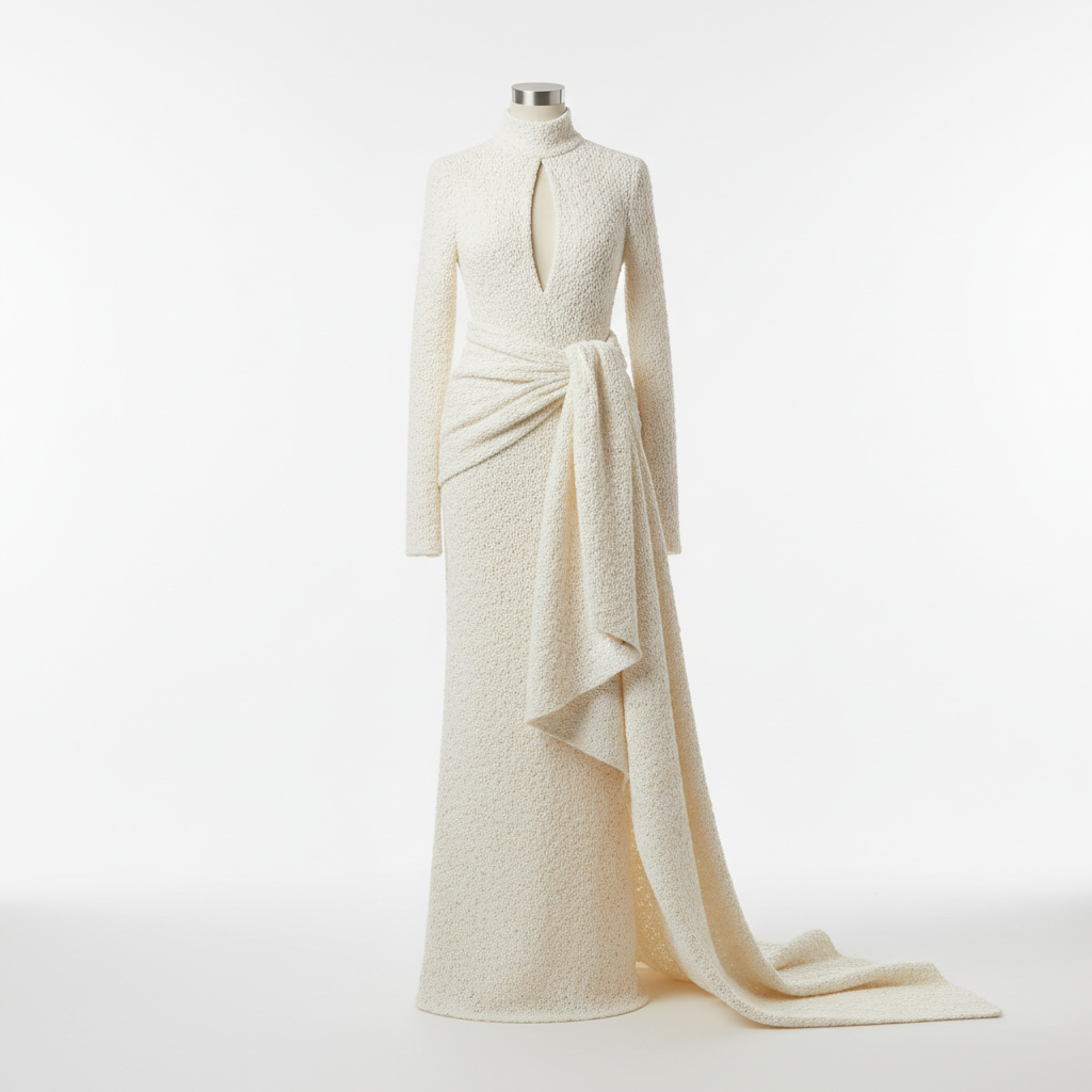 The White Basketweave Keyhole Gown - A breathtaking long-sleeve gown in pristine ivory white with an intricate all-ov
