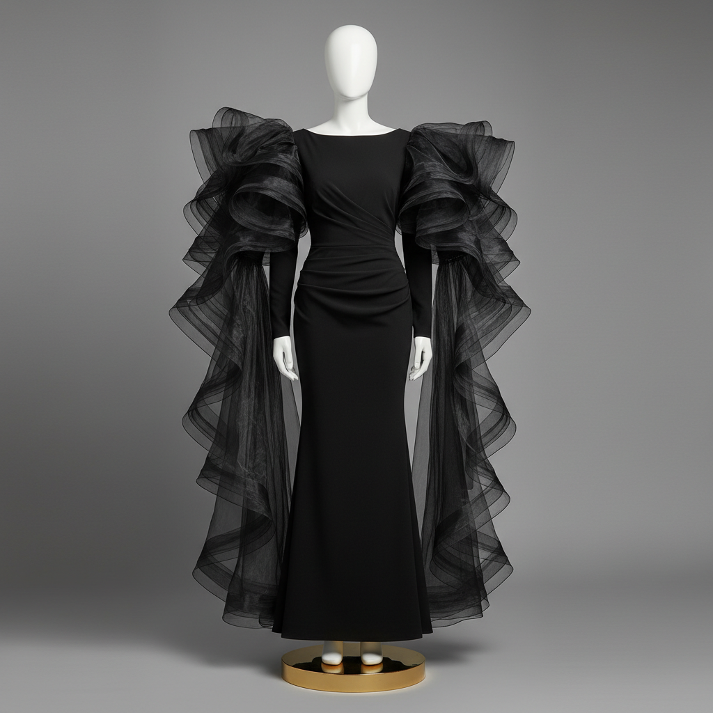 The Black Batwing Ruffle Mermaid - A dramatic black boat-neck long-sleeve mermaid gown with enormous ruffled organz