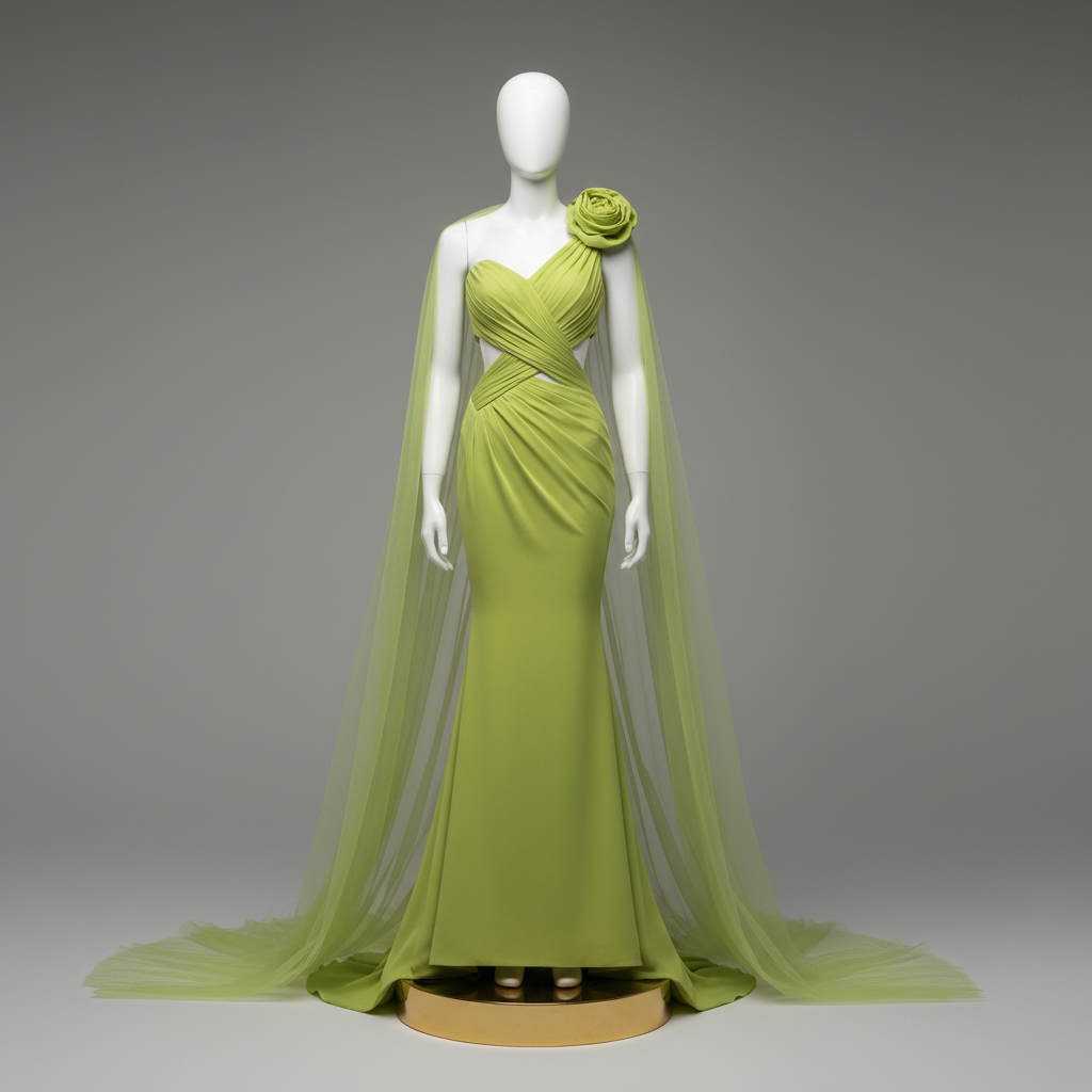 The Lime Green Cutout Cape Gown - A jaw-dropping lime green one-shoulder draped and cutout mermaid gown with a lar