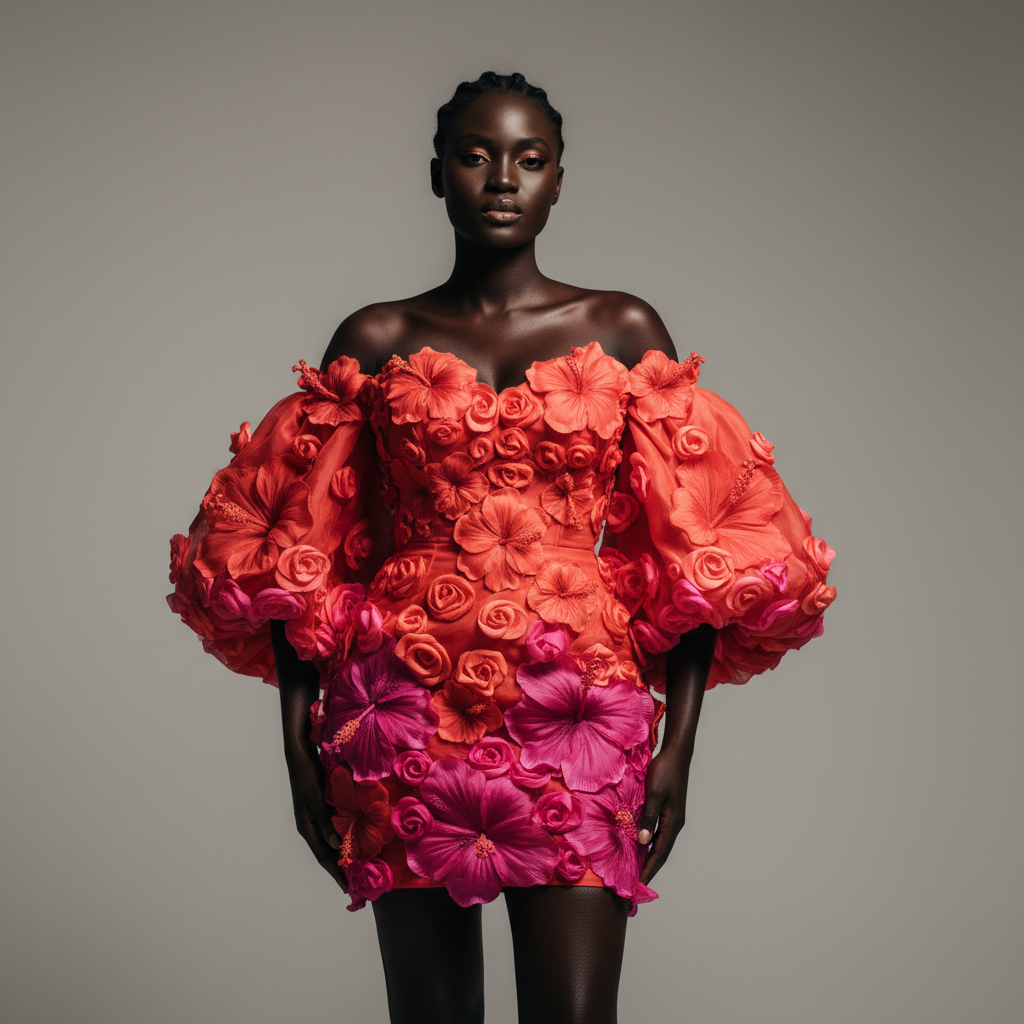 The Coral Hibiscus Petal Dress - A breathtaking coral-to-pink ombré off-shoulder mini dress with 3D sculptural hi