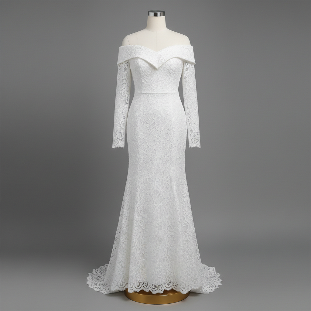The White Lace Bell-Sleeve Mermaid - A stunning white off-shoulder long-sleeve lace mermaid gown with dramatic off-sh