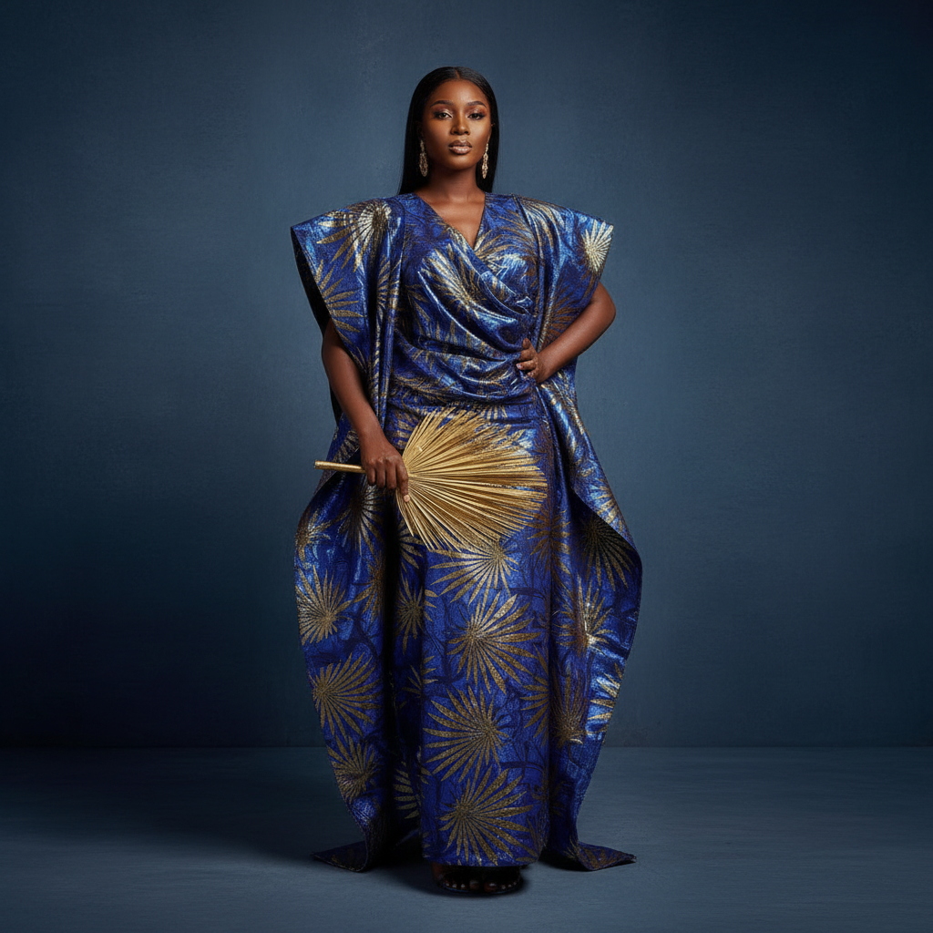 The Blue Metallic Palm Leaf Boubou - A striking blue metallic brocade Nigerian boubou kaftan with a stunning palm/fan