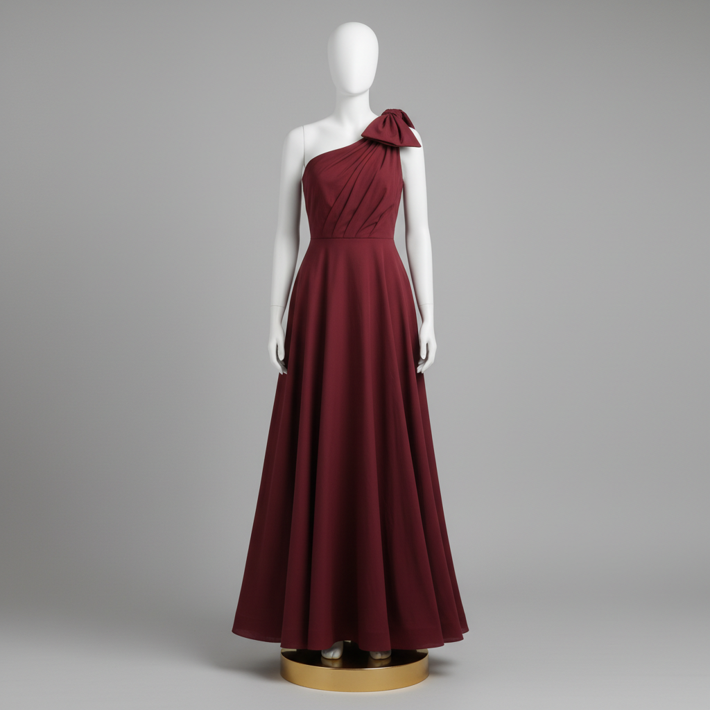 The Wine Bow One-Shoulder Maxi - A wine burgundy one-shoulder flowing A-line maxi gown with a fabric bow-knot at