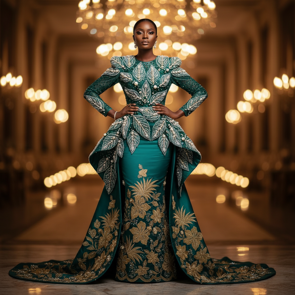 Model wearing Teal Leaf Sculptural Gown from Nigerian Couture Atelier