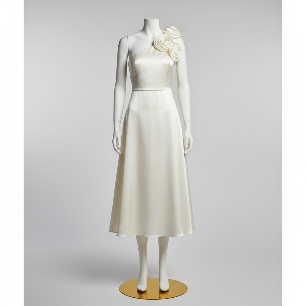 The Ivory Rosette One-Shoulder Gown - An elegant ivory cream one-shoulder A-line midi gown adorned with beautiful 3D s