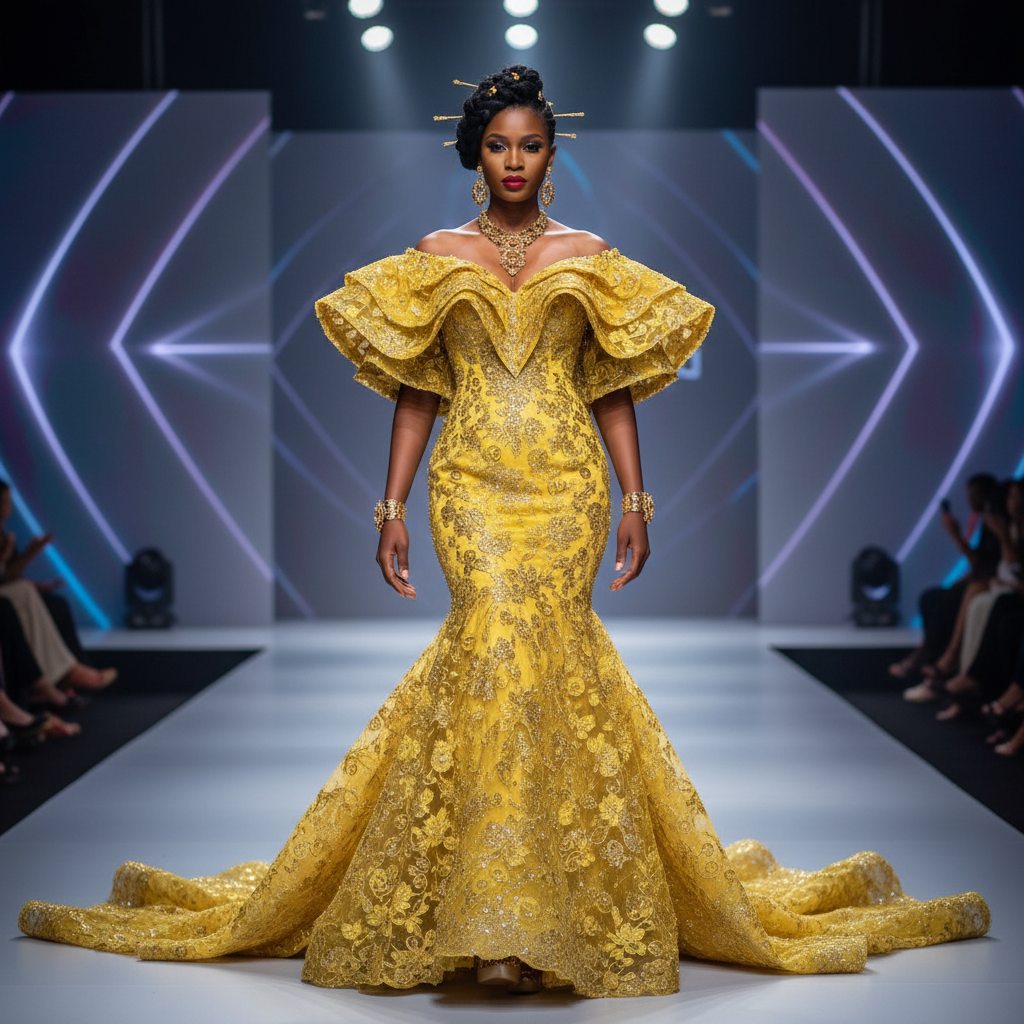 Yellow Lace Mermaid Gown - An exquisite yellow lace mermaid gown with dramatic off-shoulder detail and swee