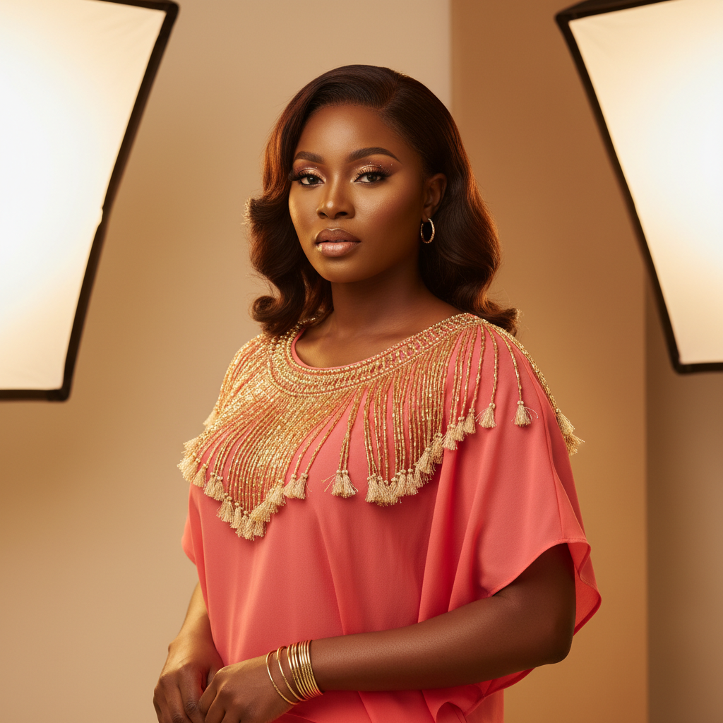 Coral Pink Beaded Shift Top - A chic coral pink short-sleeved top with hand-beaded gold fringe accent at the n