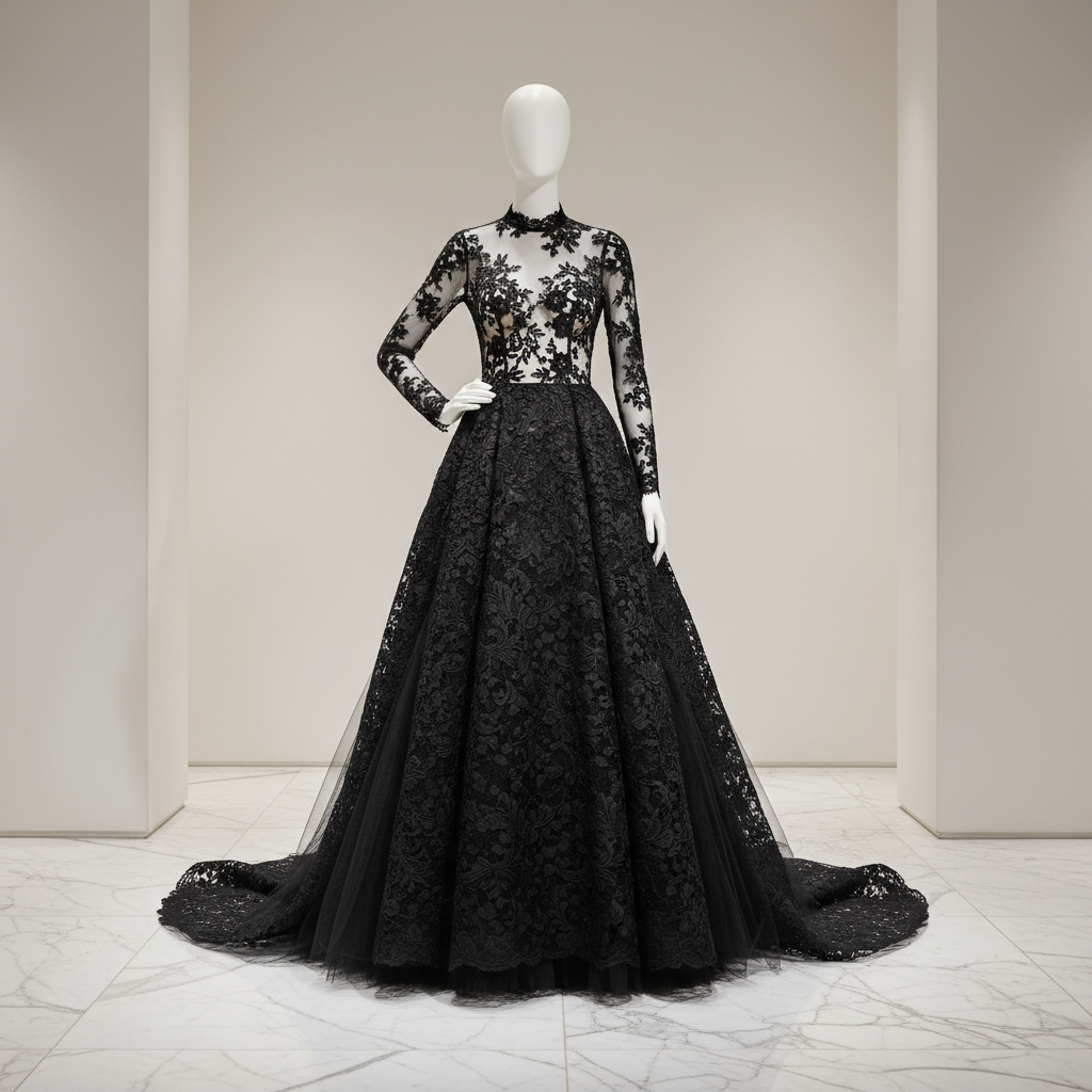 The Black Floral Lace A-Line Gown - A breathtaking full-length gown in black floral lace with a long-sleeve, round-n