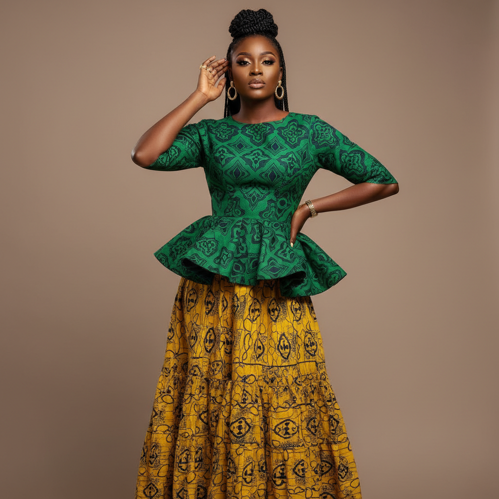 The Green & Yellow Adire Peplum Midi - A joyful two-tone adire Nigerian midi: a green patterned peplum top with ruched